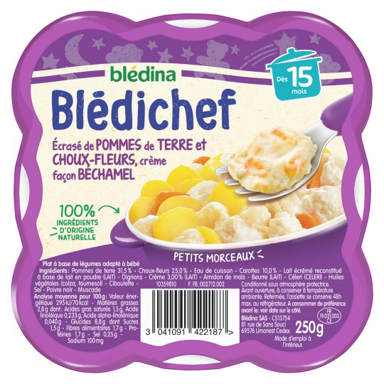 Plato para bebés a partir de 15 meses de patatas trituradas y coliflor; Blédichef crema estilo bechamel 250g - BLÉDINA