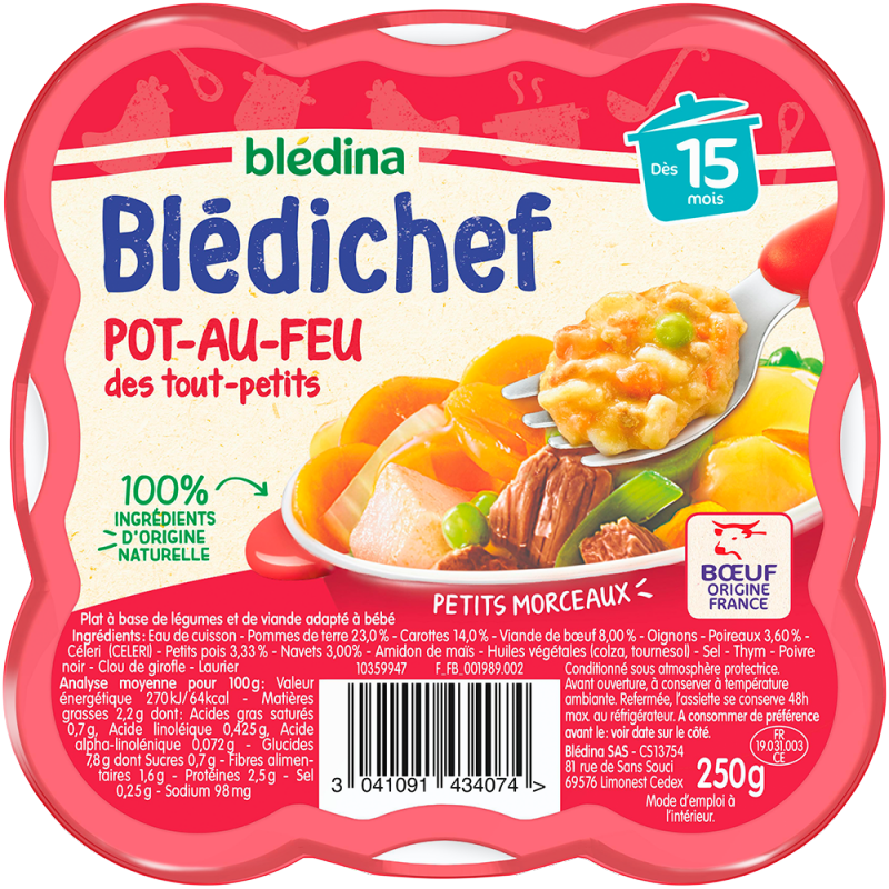 Repas pour bébé dès 15 mois Blédichef Pot-au-feu des tout-petits 250g - BLEDINA