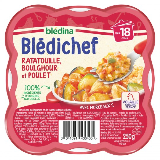 Prato para bebé a partir dos 18 meses ratatouille; bulgur e frango bandeja Blédichef 250g - BLÉDINA