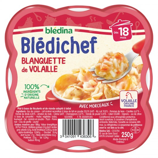 Prato bebê a partir de 18 meses Blédichef blanquete de aves bandeja 250g - BLÉDINA