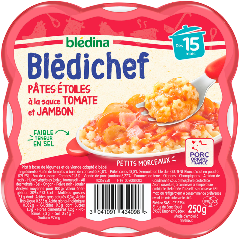 طبق أطفال من 15 شهرًا معكرونة النجمة مع صلصة الطماطم ولحم الخنزير صينية Blédichef 250 جرام - BLÉDINA