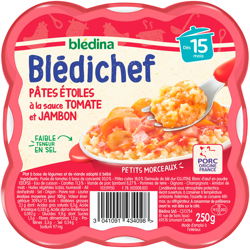 Babygericht ab 15 Monaten Sternnudeln mit Tomaten-Schinken-Sauce Blédichef 250g-Tablett - BLÉDINA