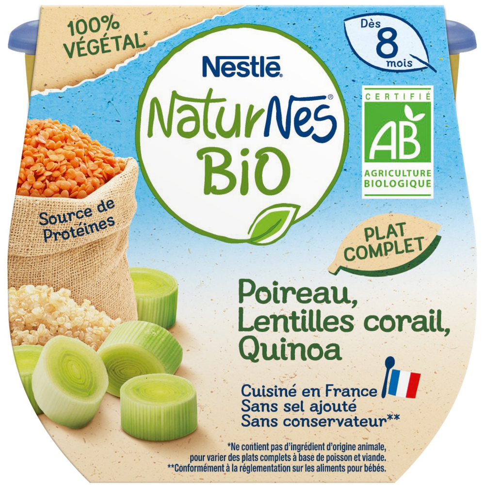 Repas bébé dès 8 mois poireaux lentilles & quinoa NATURNES Bio 190g - NESTLE