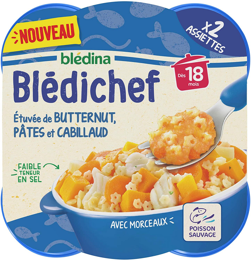 Plato bebé a partir de 18 meses al vapor con nueces y bacalao Blédichef 2x250g - BLÉDINA