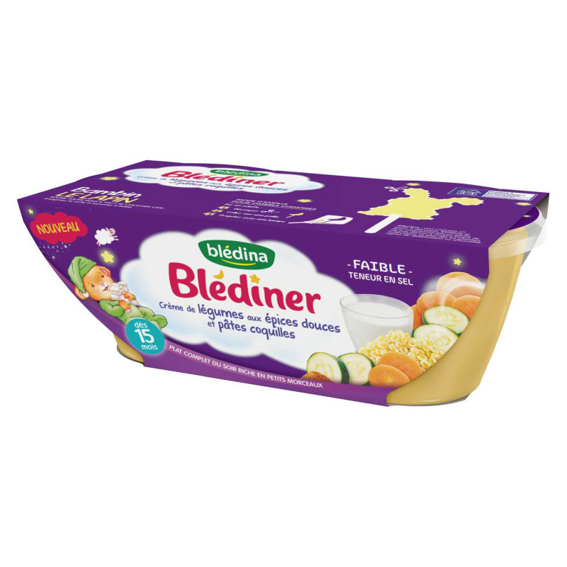 Blédiner Plato de noche para bebé a partir de 15 meses, crema de verduras picante y pasta de conchas 2x200g - BLEDINA