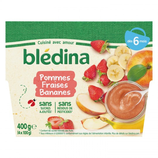 Grossiste Compotes bébé dès 6 mois, pomme, fraise, banane 4x100 g BLÉDINA