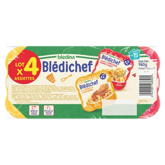 Babygericht Ab 12 Monaten Süßkartoffel; Gemüse; Huhn und Spaghetti Bolognese Blédichef 4x960g - BLÉDINA