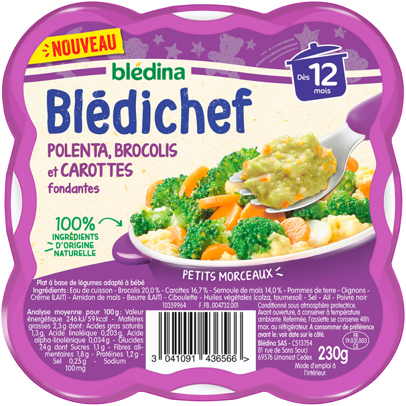 Repas pour bébé dès 12 mois Blédichef Polenta; brocolis et carottes fondantes 230g - BLEDINA