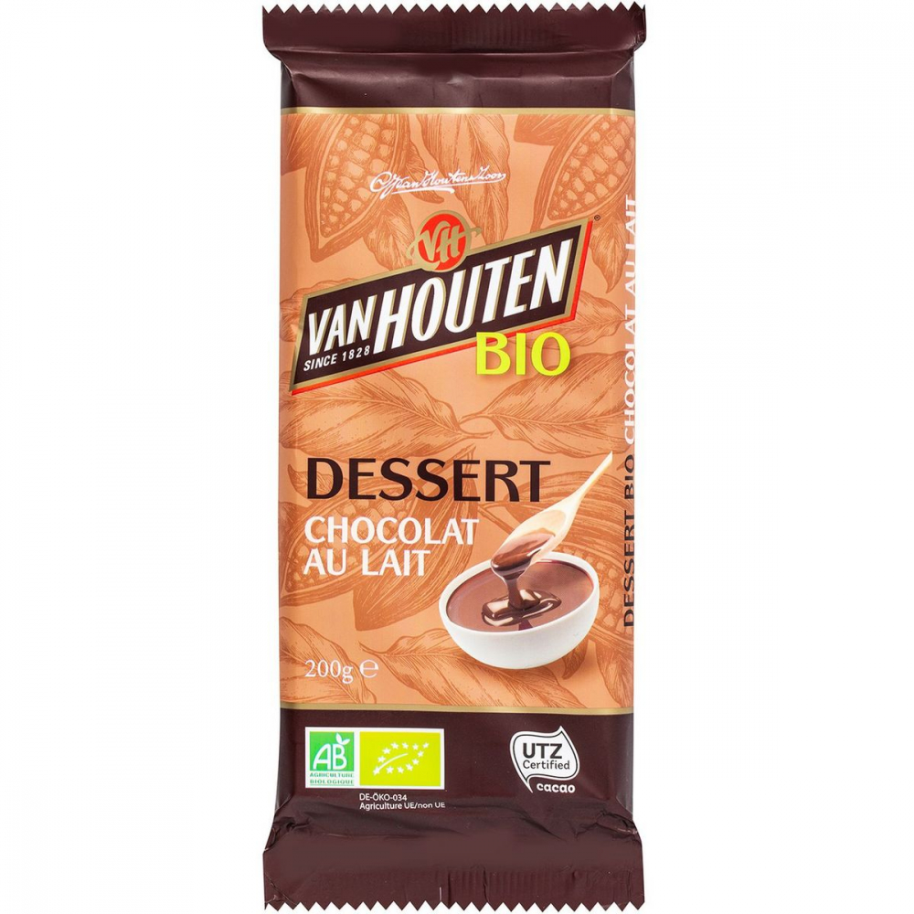 Grossiste Tablette de chocolat au lait bio pâtissier 200g - VAN HOUTEN