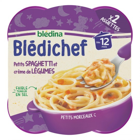 Plato bebé a partir de 12 meses pequeños espaguetis y crema de verduras Blédichef 2x230g - BLÉDINA