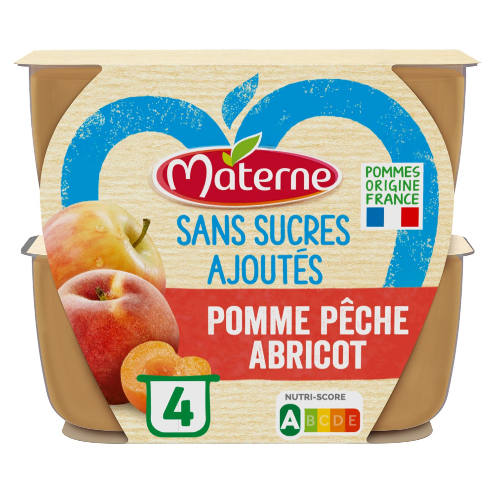 Compotas de manzana, melocotón y albaricoque sin azúcares añadidos 4x97g - MATERNE