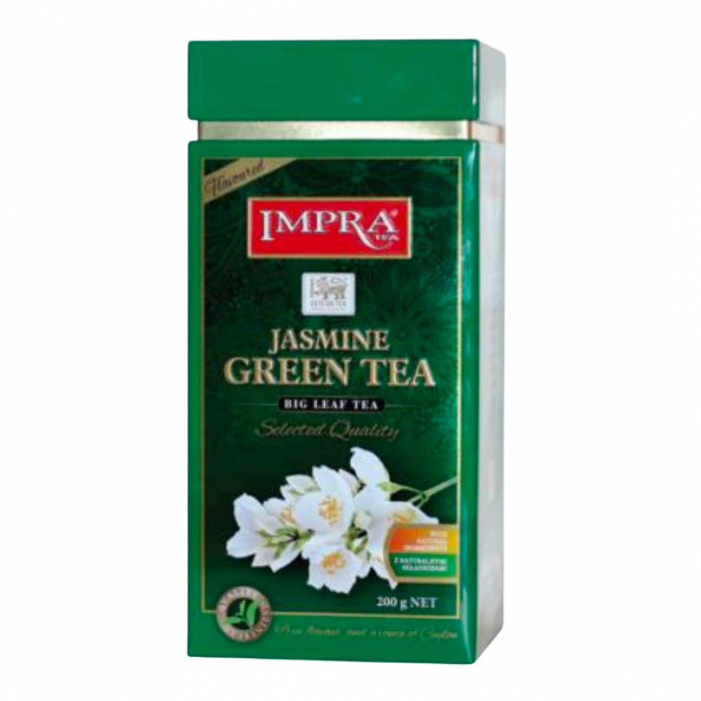 Impra,  Green Tea, Flavoured Jasmine âwith Natural Piecesâ Big Leaf, 200gx6, Square Metal Caddy