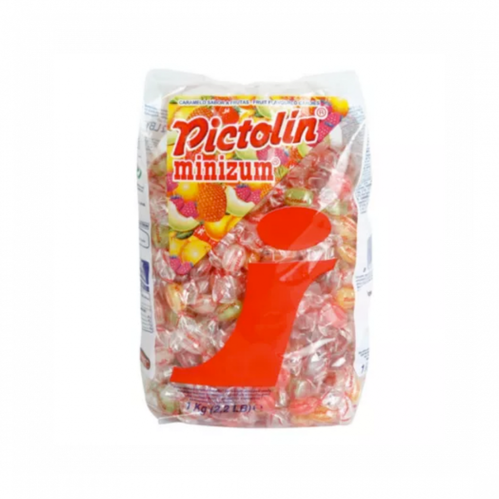 Pictolin Minizum - 6 Assorted  Fruits Candies : Strawberry, Lemon, Melon, Pineapple, Blackberry, Orange - 1kg Bag X 12