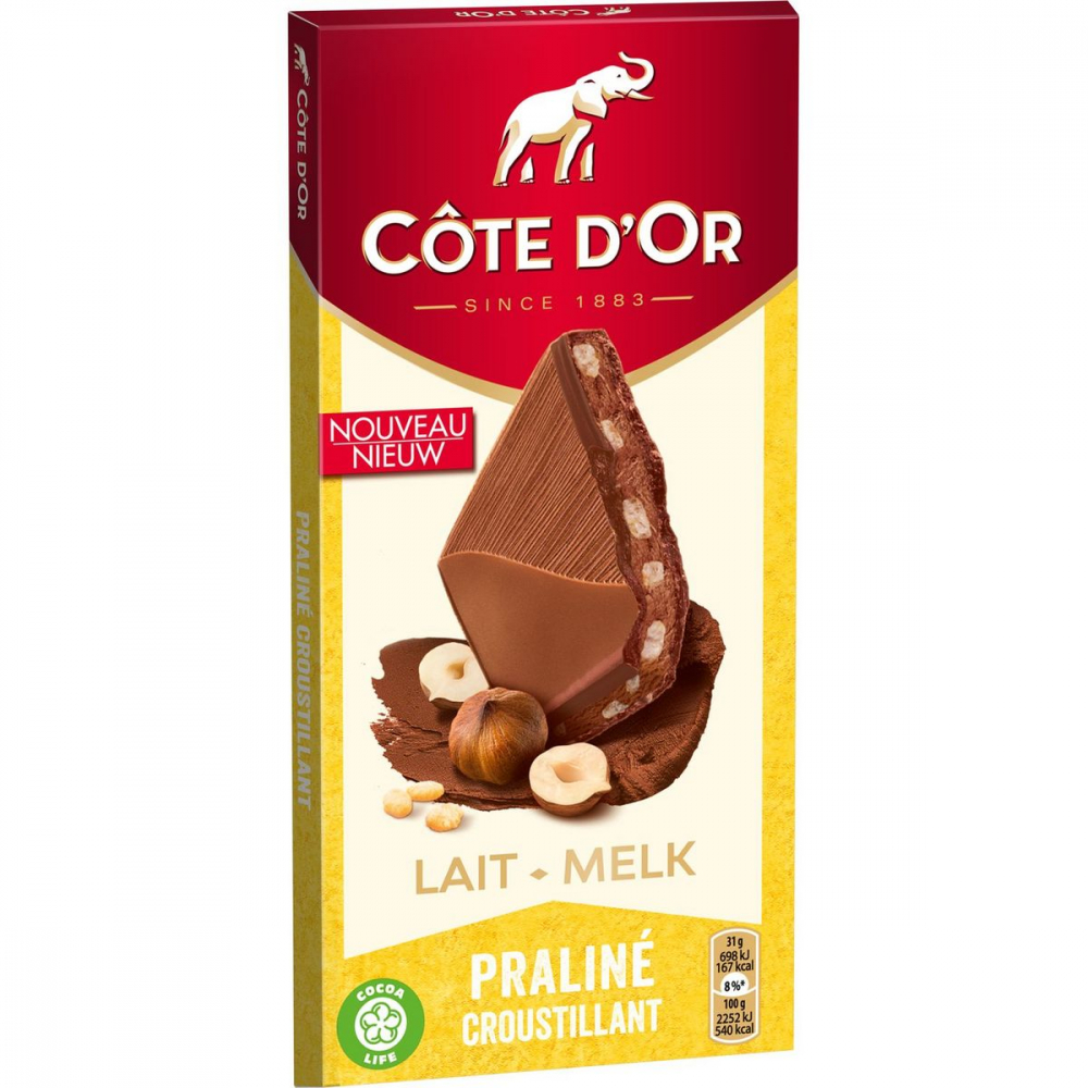 Tablette de chocolat fin Lait praliné croustillant 155g - COTE D'OR