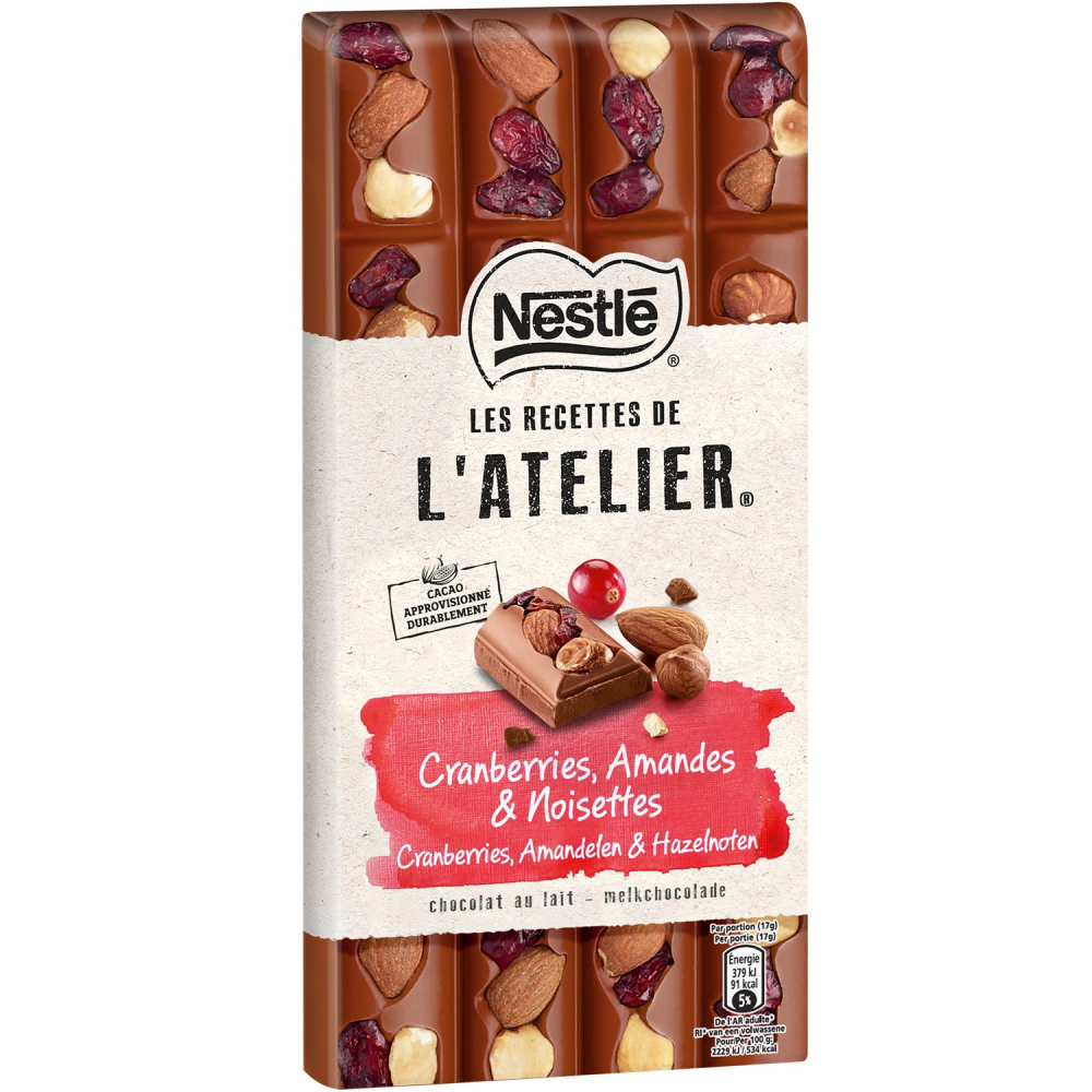 Tablette de chocolat lait cranberries amandes et noisettes 195g - NESTLÉ