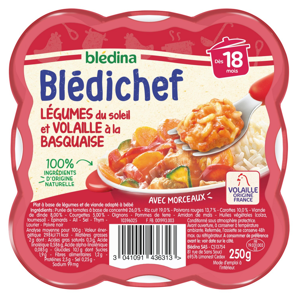 Plat bébé dès 18 mois légumes du soleil & volaille à la basquaise Blédichef la barquette de 250g - BLÉDINA