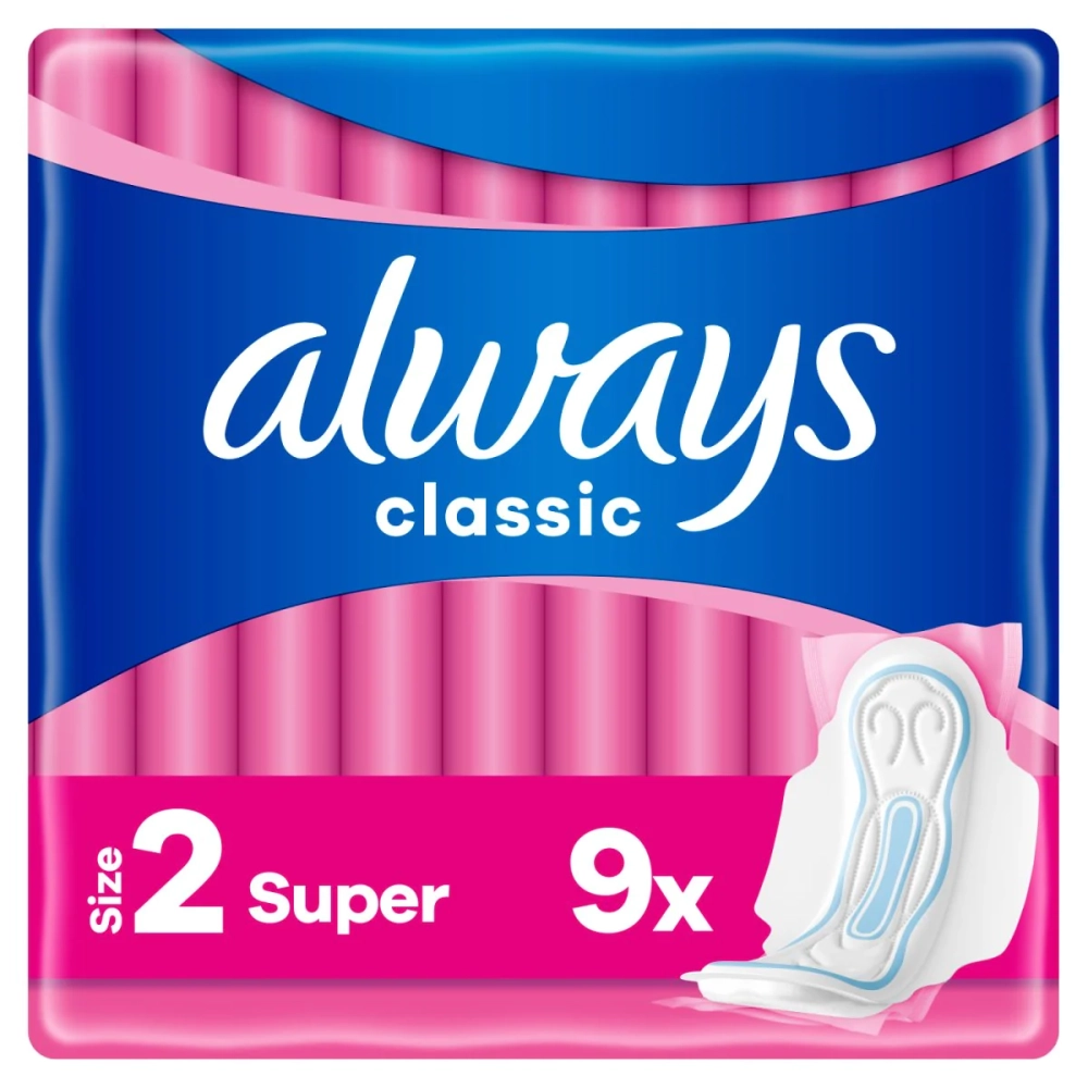 ALWAYS SERVIETTES HYGIENIQUES 3 ACTION CLASSIQUE 9PCS NUIT AVEC AILES TAILLE 2