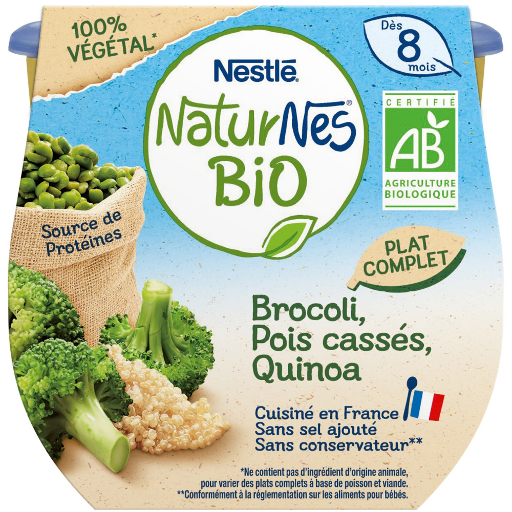 Repas de bébé dès 8 mois Brocoli pois cassés & quinoa NATURNES Bio 190g - NESTLE