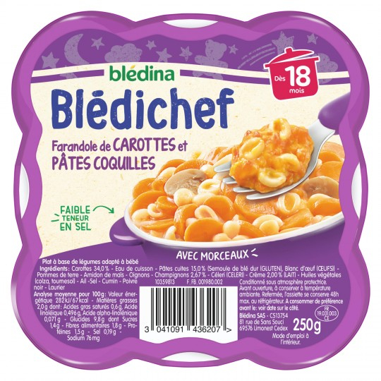 Piatto bimbi dai 18 mesi farandole di carote e pasta di gusci Blédichef 2x200g - BLÉDINA