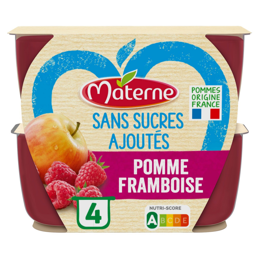 Grossiste Compotes de pomme & framboise Sans Sucre Ajouté 4x100g MATERNE