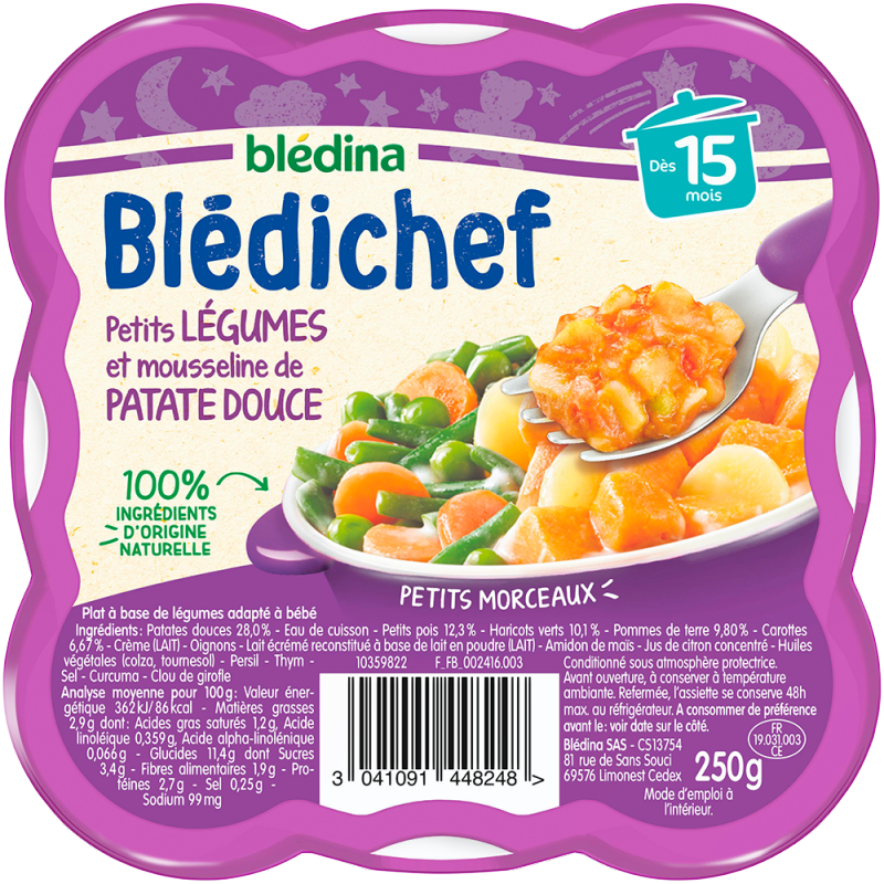 Repas pour bébé dès 15 mois Blédichef Petits légumes et mousseline de Patate douce 250g - BLÉDINA