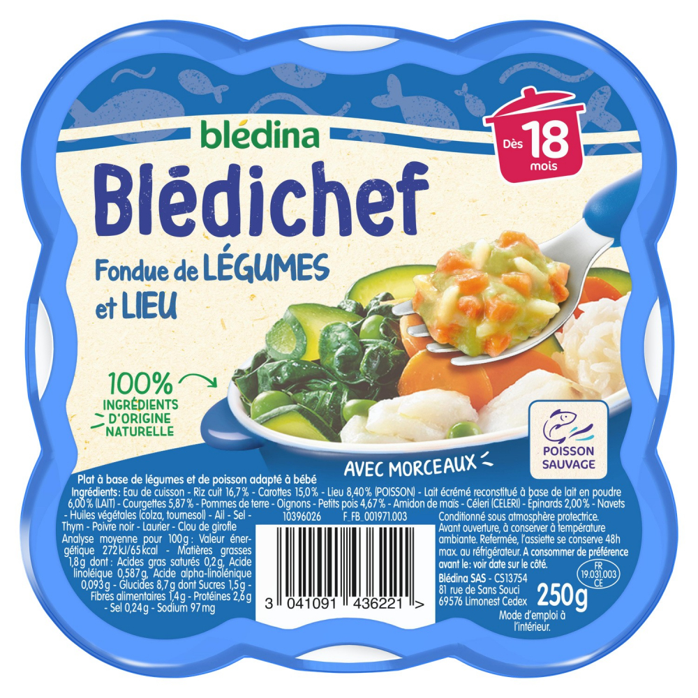 Plat bébé dès 18 mois fondue de légumes & lieu BLEDICHEF la barquette de 250g - BLÉDINA