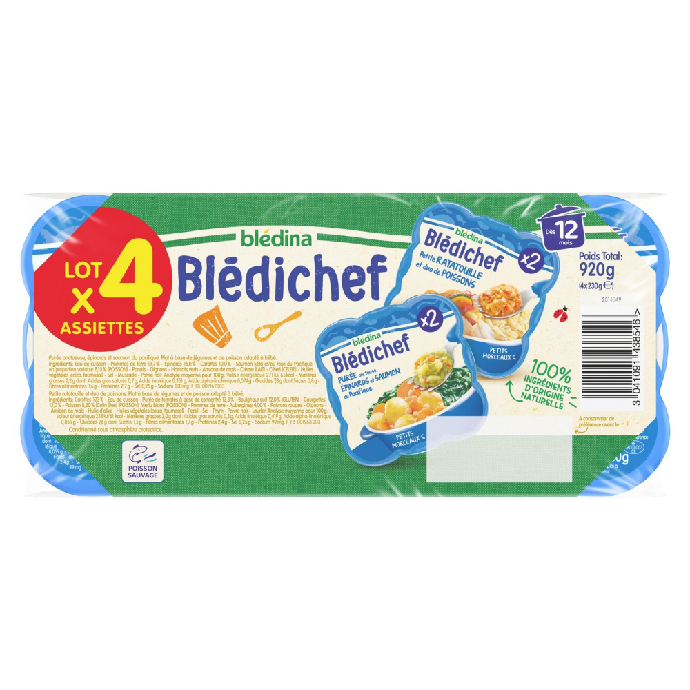 Món ăn cho bé từ 12 tháng Rau bina và cá hồi xay nhuyễn / Petite Ratatouille và Fish Blédichef 4x230g - BLÉDINA