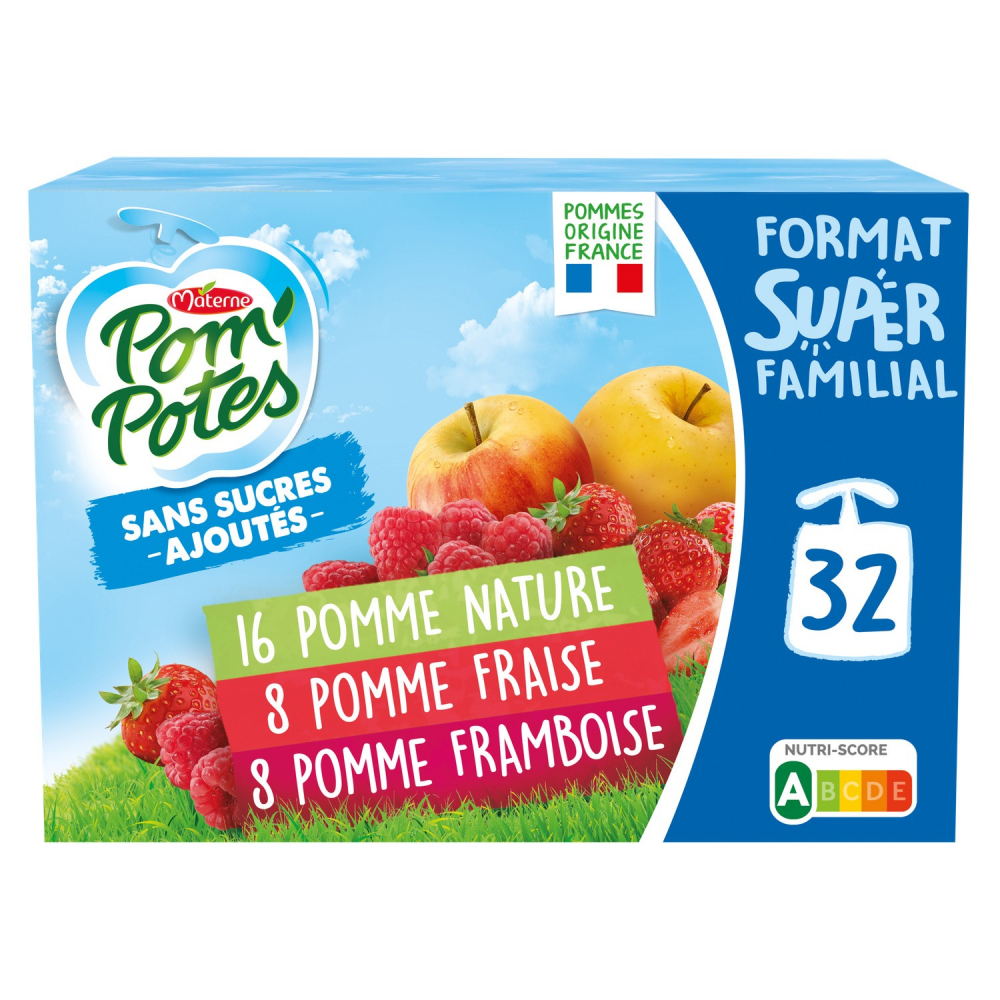 Compote de pomme, pomme fraise & pomme framboise sans sucre ajouté x32 90g - POM' POTES