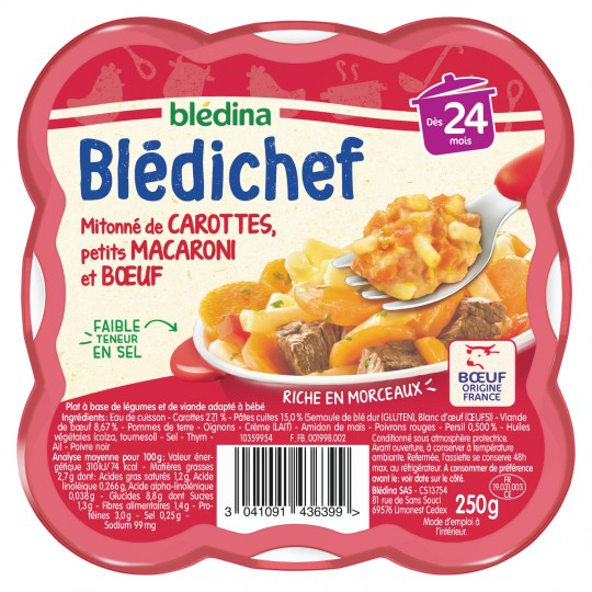 Babygerecht vanaf 24 maanden gekookt met wortelen; kleine macaroni & rundvlees Blédichef 250g - BLEDINA