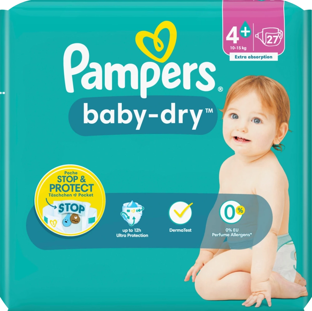 PAMPERS COUCHE BABY DRY TAILLE 4+ (10–15 kg) – 27 COUCHE