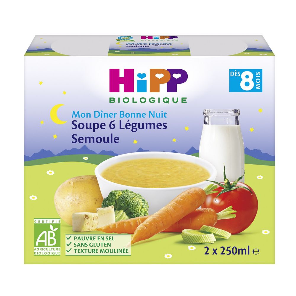 Soupe dès 8 mois, 6 légumes, semoule 2x250mL - HIPP BIOLOGIQUE