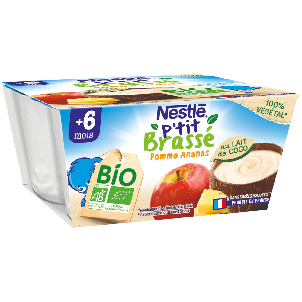 Dessert per bambini dai 6 mesi Latte di cocco vegetale mela ananas P'tit Brassé bio 90g - NESTLE