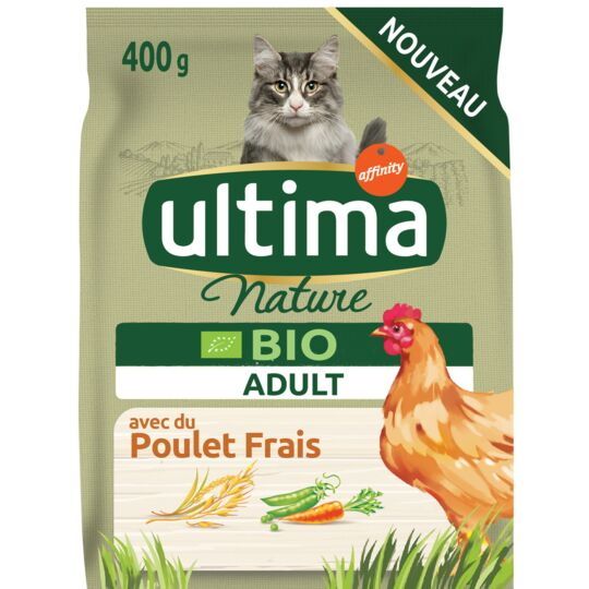 Croquetes orgânicos para gatos adultos com frango 400g - ULTIMA