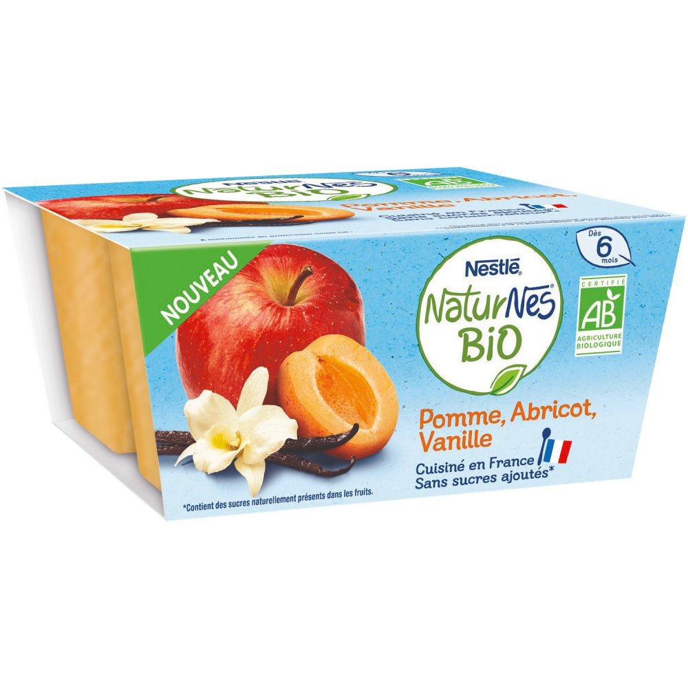 Dessert pour bébé dès 6 mois compote pomme abricot vanille Bio 90g - NESTLE