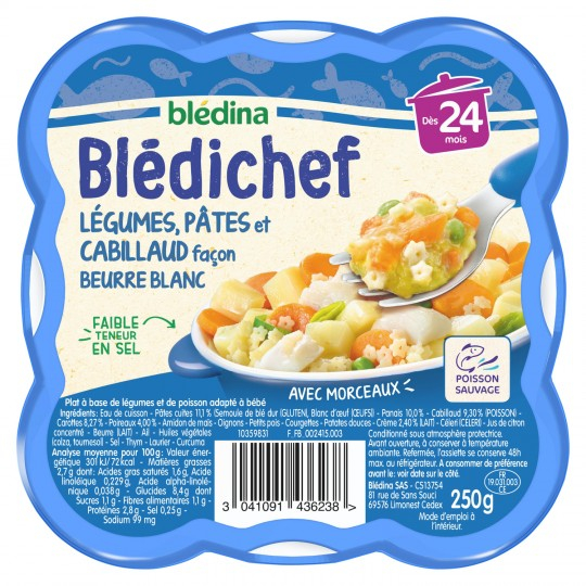 采用 24 个月蔬菜制成的婴儿菜肴； Blédichef 白黄油风格的意大利面和鳕鱼，250 克托盘 - BLÉDINA