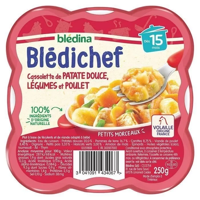 Plat bébé dès 15 mois cassolette de Patate douce légumes et poulet 250g - BLÉDINA