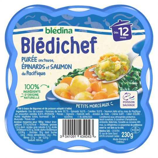 来自 12 个月的奶油泥的婴儿菜肴；菠菜和三文鱼 Blédichef 230 克托盘 - BLÉDINA