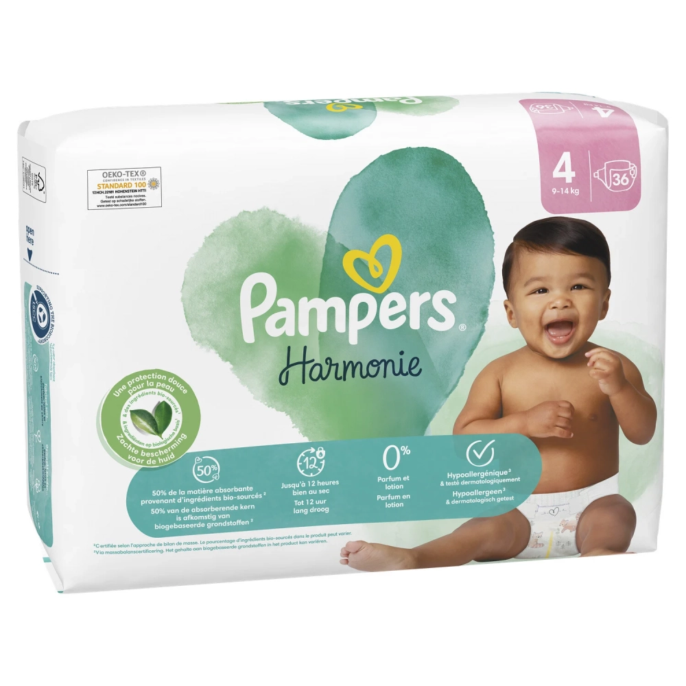 PAMPERS COUCHES BÉBÉ HARMONIE -TAILLE 4 - 36 COUCHES ( 9-14KG )