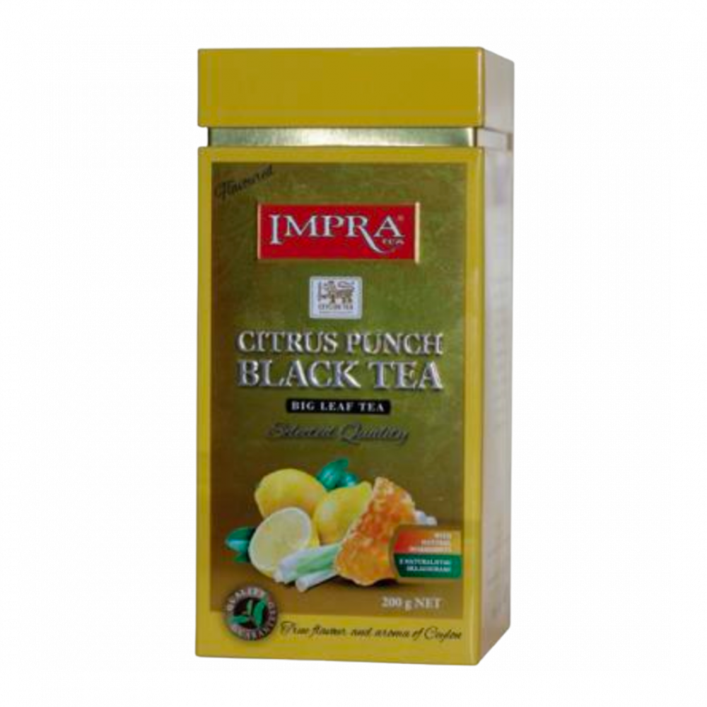 Impra,  Black Tea, Flavoured Citrus Punch âwith Natural Piecesâ Big Leaf,  200gx6, Square Metal Caddy
