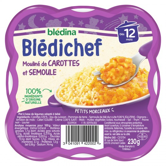 Babygericht aus 12 Monaten gemahlener Karotte und Grieß Blédichef 230g-Tablett - BLÉDINA