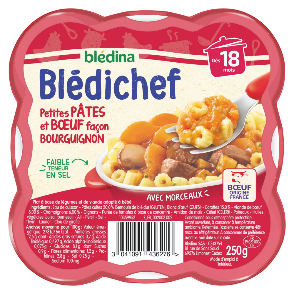 18 个月婴儿菜肴小意大利面和勃艮第风格牛肉 Blédichef 250 克托盘 - BLÉDINA